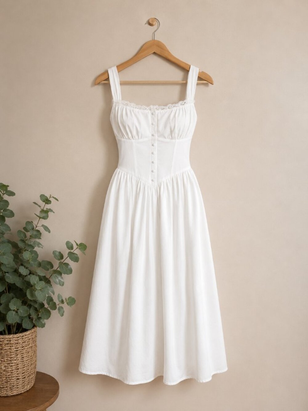 White Cottagecore Corset Midi Dress | Lace Trim | Adjustable Straps